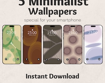 May include: Five smartphone screens displaying minimalist wallpapers with abstract designs in shades of green, brown, and purple. The time is displayed as 23:00. Text reads "5 Minimalist Wallpapers" and "Instant Download."