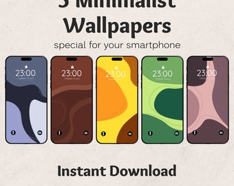 May include: Five minimalist phone wallpapers with abstract shapes in different colors. The wallpapers feature a simple clock display with the time 23:00 and the day of the week, Tuesday, and the month, July.