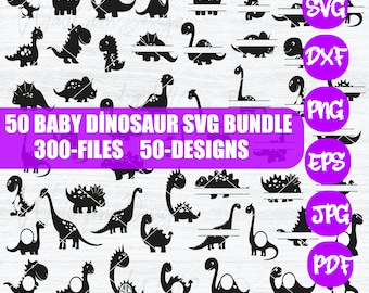 May include: A digital design bundle featuring 50 baby dinosaur SVG files in black. The image displays various dinosaur illustrations and includes the text "50 BABY DINOSAUR SVG BUNDLE 300-FILES 50-DESIGNS" along with file type icons: SVG, DXF, PNG, EPS, JPG, and PDF.