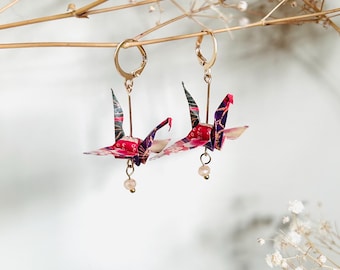 Origami Crane Earrings with Glass Beads