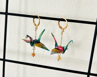 Origami Crane Earrings with Glass Beads