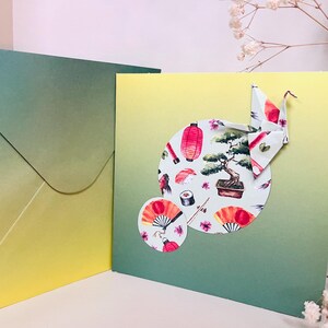 Carte postale grue en origami avec enveloppe