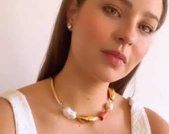 Coral Baroque Pearl Gold Collar Necklace Anemone Depths Necklace Mermaidcore Aesthetic