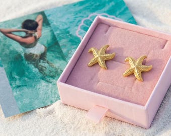 Vintage Gold Starfish Earrings – Beach Wedding Statement Jewelry, Ocean-Inspired Coastal Style