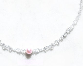 Pink Akoya Pearl Necklace Herkimer Diamond Choker Kunzite Stone  Natural Gemstone Jewelry Gift for Her Crown Chakra Vibes Custom Length