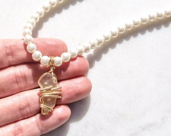 Handmade Libyan Desert Glass Necklace Natural Pearl Jewellery Wire Wrapped Gemstone New Age Jewelry Gift For Her Custom Length