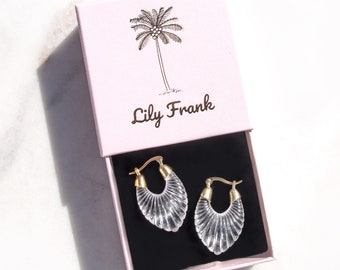 Clear Lucite Shell Hoop Earrings, Gold Beach Jewelry for Women, Modern Seashell Earrings, Mermaidcore Style, Tropical Wedding Hoops