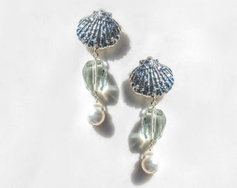 Baroque Pearl Shell Earrings Silver Seashell Earrings, Mermaidcore Jewelry, Green Amethyst Stone, Clamshell Dangle Earrings, Baroque Pearl