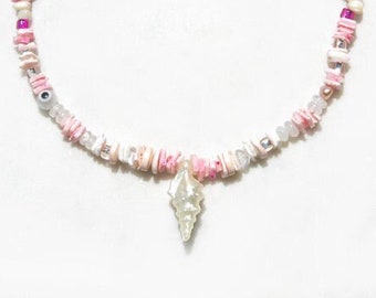 Sea Magick Beaded Necklace Natural Pink Shell Tropical Vacation Beach Jewelry Seashell Necklace Mermaid Style Ocean Wedding Custom Length