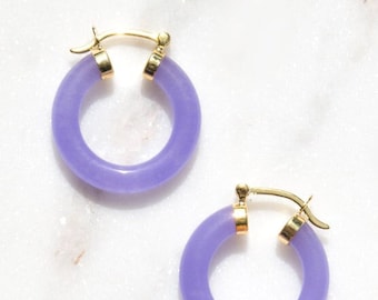 Lavender Jade Gold Hoop Earrings Natural Stone Jewellery 14k Gold Hoops Jade Jewelry Purple Jade Gift for Her Gemstone Earrings for Women