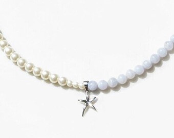 Chalcedony Stone  Choker Silver Starfish Necklace Ocean Jewelry Mermaidcore Jewelry Shell Necklace Beach Gift for Her Natural Pearl Choker