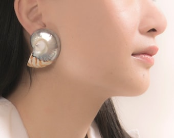 Natural Nautilus Shell Earrings, Beach Jewelry, Mermaidcore Aesthetic, Ocean Earrings, Big Seashell Earrings Gift for Her, Made in the USA