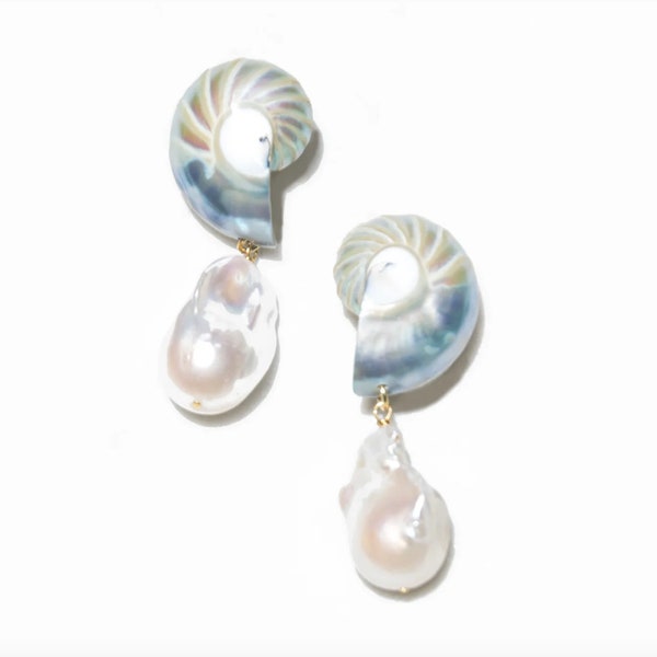 Nautilus Shell Baroque Pearl Earrings Beach Wedding Ocean Jewelry Tropical Vacation Coastal Style Mermaidcore Jewellery Handmade Earrings