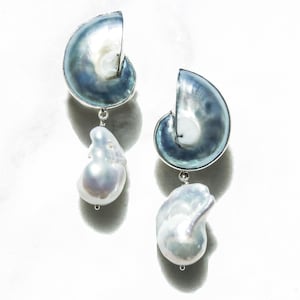 Handmade Nautilus Shell Earrings – Sterling Silver & Baroque Pearl, Beach Jewelry, Vacation Accessories, Coastal Wedding Gift for Her