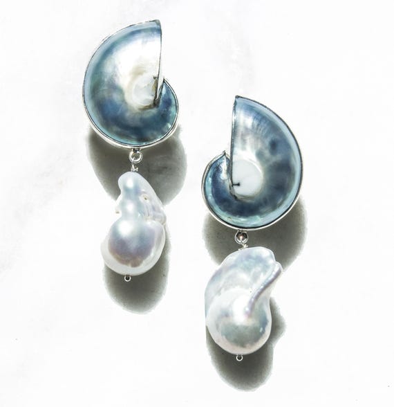 Handmade Nautilus Shell Earrings – Sterling Silver Baroque Pearl