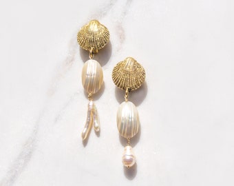 Shell Earrings Gold, Something Borrowed, Bridal Jewelry, Baroque Pearl, Beach Wedding, Sustainable Jewellery, Womens Gift, Tropical Vacation