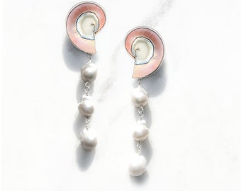 Pink Nautilus Shell Earrings 925 Silver Baroque Pearl Beach Wedding Seashelll Earrings Tropical Vacation Mermaidcore Jewelry Gift for Her