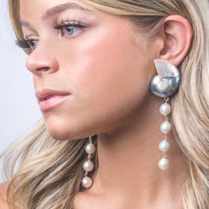 Nautilus Shell Drop Earrings with Baroque Pearl, Sterling Silver, Vacation Jewelry Accessories, Beach Wedding Earrings, Seashell Jewelry