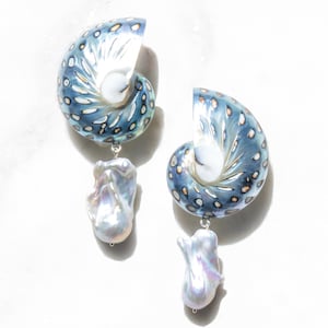 Jaguar Nautilus Shell Drop Earrings, Baroque Pearl, 925 Silver Gold Vermeil,  Luxury Beach Jewelry Gift, Coastal Style, Destination Vacation