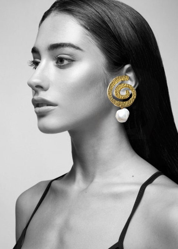 Oversized Spiral Earrings Gold Pearl  Les Bernard 