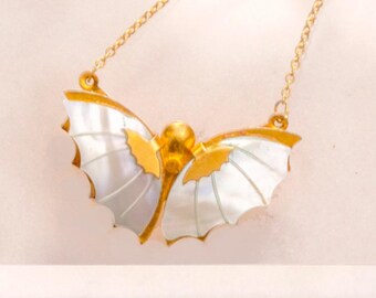 Gold Butterfly Necklace Mother of Pearl Vintage Jewelry MOP Necklace Ocean Jewellery Gift for Her