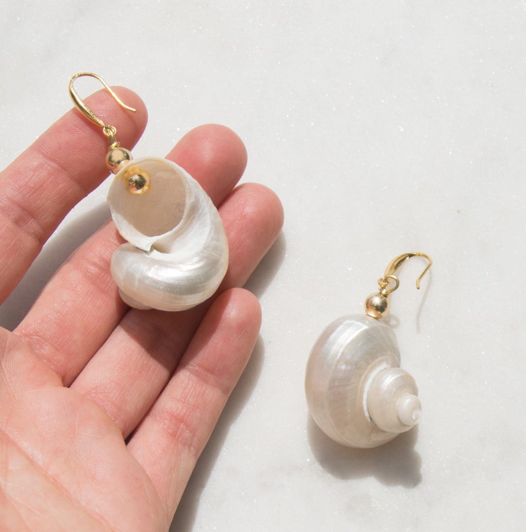 Handmade Seashell Dangle Earrings, Gold Mermaid Jewelry, Natural