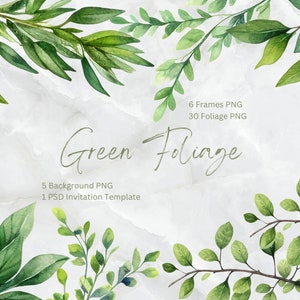 Green Foliage Clipart, Green Watercolor Clipart, Foliage Clipart, Wedding Invitation Clipart, Green Foil