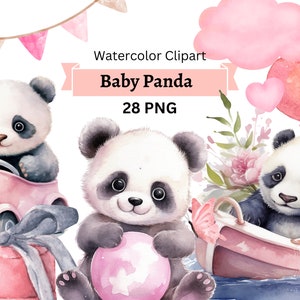 Clipart de acuarela de panda bebé, clipart de panda bebé, decoración de habitación de niña, baby shower, invitación de cumpleaños, clipart de panda pequeño PNG