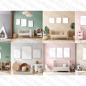 May include: Four different nursery room mockups featuring a crib, a teepee, and framed artwork. The rooms are decorated in various colors, including pink, green, and beige.