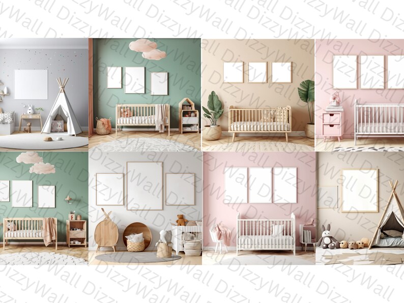 May include: Four different nursery room mockups featuring a crib, a teepee, and framed artwork. The rooms are decorated in various colors, including pink, green, and beige.