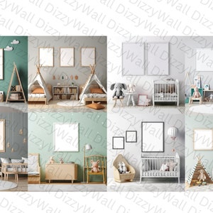 May include: A collection of four nursery room scenes featuring a variety of furniture, decor, and toys. The scenes include a crib, a teepee, a bookshelf, a rocking chair, and a variety of stuffed animals. The walls are painted in a light green color.