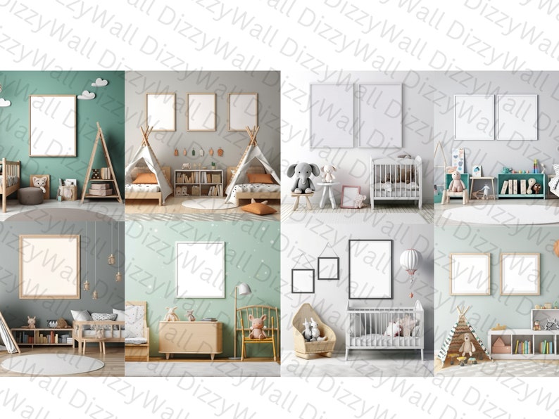 May include: A collection of four nursery room scenes featuring a variety of furniture, decor, and toys. The scenes include a crib, a teepee, a bookshelf, a rocking chair, and a variety of stuffed animals. The walls are painted in a light green color.
