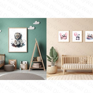 May include: Two nursery rooms with different themes. The first room has a light green wall with a watercolor painting of a baby animal wearing an astronaut suit. The second room has a light brown wall with three watercolor paintings of pandas. The paintings are framed and hung on the wall.