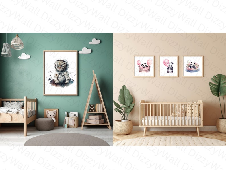 May include: Two nursery rooms with different themes. The first room has a light green wall with a watercolor painting of a baby animal wearing an astronaut suit. The second room has a light brown wall with three watercolor paintings of pandas. The paintings are framed and hung on the wall.