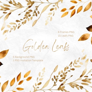 Clipart di fogliame dorato, Clipart di acquerello dorato, Clipart di fogliame, Clipart di invito di nozze, Lamina d'oro