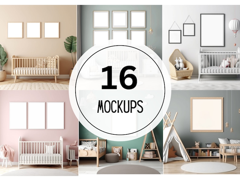 May include: A set of 16 nursery room mockups featuring various frames and cribs. The frames are empty and ready for your design. The cribs are decorated with blankets and pillows.