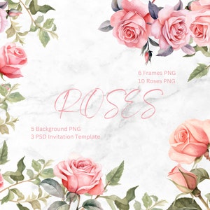 Flowers Clipart, Roses Clipart, Watercolor Clipart, 3 Wedding Invitation, Watercolor PNG Flower Clipart