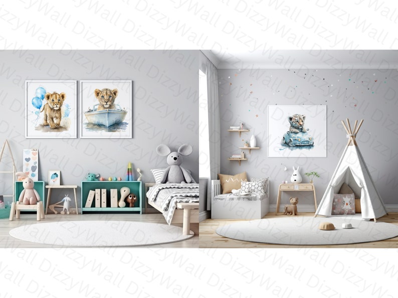 May include: Two framed watercolor paintings of a lion cub. One painting shows the lion cub holding blue balloons, the other shows the lion cub riding in a blue boat. The paintings are hanging on a light gray wall in a nursery.