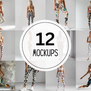 Może przedstawiać: Dwunastu różnych makiet legginsów z różnymi wzorami i projektami. Legginsy są noszone przez modelki w różnych pozach, prezentując dopasowanie i styl legginsów.