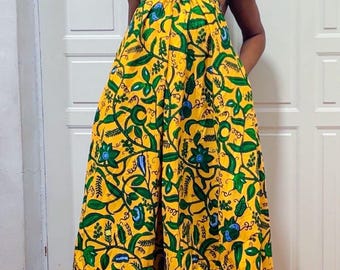 Backless Nkili African Print Maxi Dress: Ankara Long Dress, Versatile yellow Gown