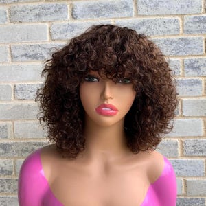 Brown SA curls chestnut brown, Density 200%, Cap medium bands, Combs, human hair wavy wig , curly wig with bangs, super double drawn