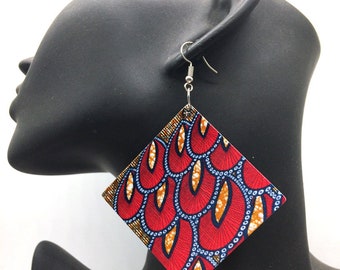 Red Ankara Wooden Earrings, **DOUBLE SIDED** African Earrings, Afrocentric Jewelry, Ankara Earrings, Nickel Free, Hypoallergenic