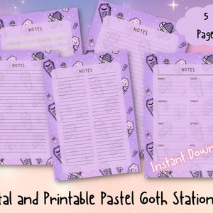 Puede incluir: Cinco páginas de papelería gótica pastel imprimibles con un diseño de ataúd y cristal. Las páginas incluyen papel rayado, un planificador semanal y páginas de notas en blanco. El texto "NOTES" y "Descarga instantánea" está incluido en las páginas.