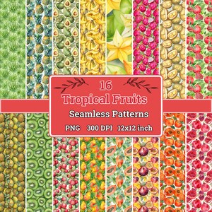 Op de afbeelding: Een verzameling van 16 naadloze patronen met aquarel illustraties van tropische vruchten, waaronder ananas, avocado's, bananen en drakenfruit. De afbeelding bevat de tekst "16 Tropical Fruits Seamless Patterns".