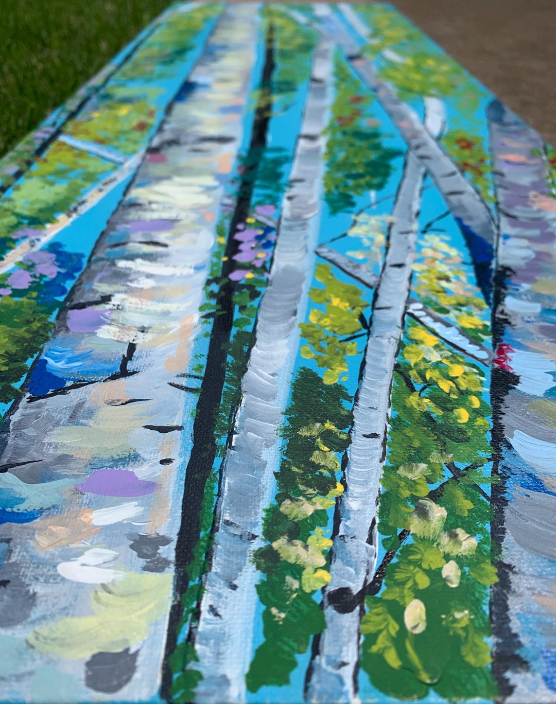 Abstract Birch Trees Painting on Canvas Blue Green Aspen Forest Wall ...