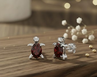 Natural Garnet Turtle Stud Earrings in 18K Gold Plated Sterling Silver | Luxury Minimal Turtle Jewelry for Women