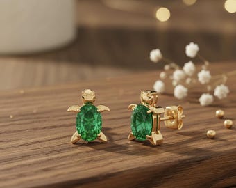 Emerald Turtle Stud Earrings – 18K Gold Plated Sterling Silver