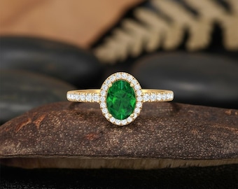 Emerald Engagement Ring: Sterling Silver Oval Halo Ring