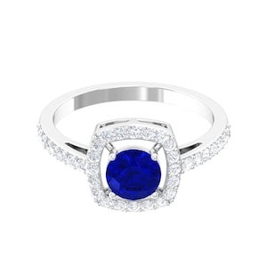 Lab Grown Blue Sapphire Halo Ring: Sterling Silver Moissanite Engagement Ring