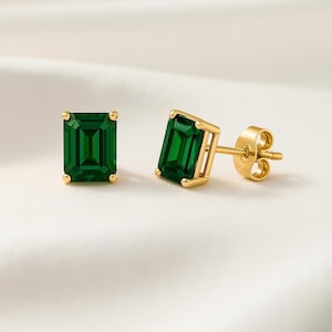 Aretes de oro de 14 quilates con piedras preciosas verdes de corte esmeralda • Aretes de plata de ley • Joyería minimalista para regalar
